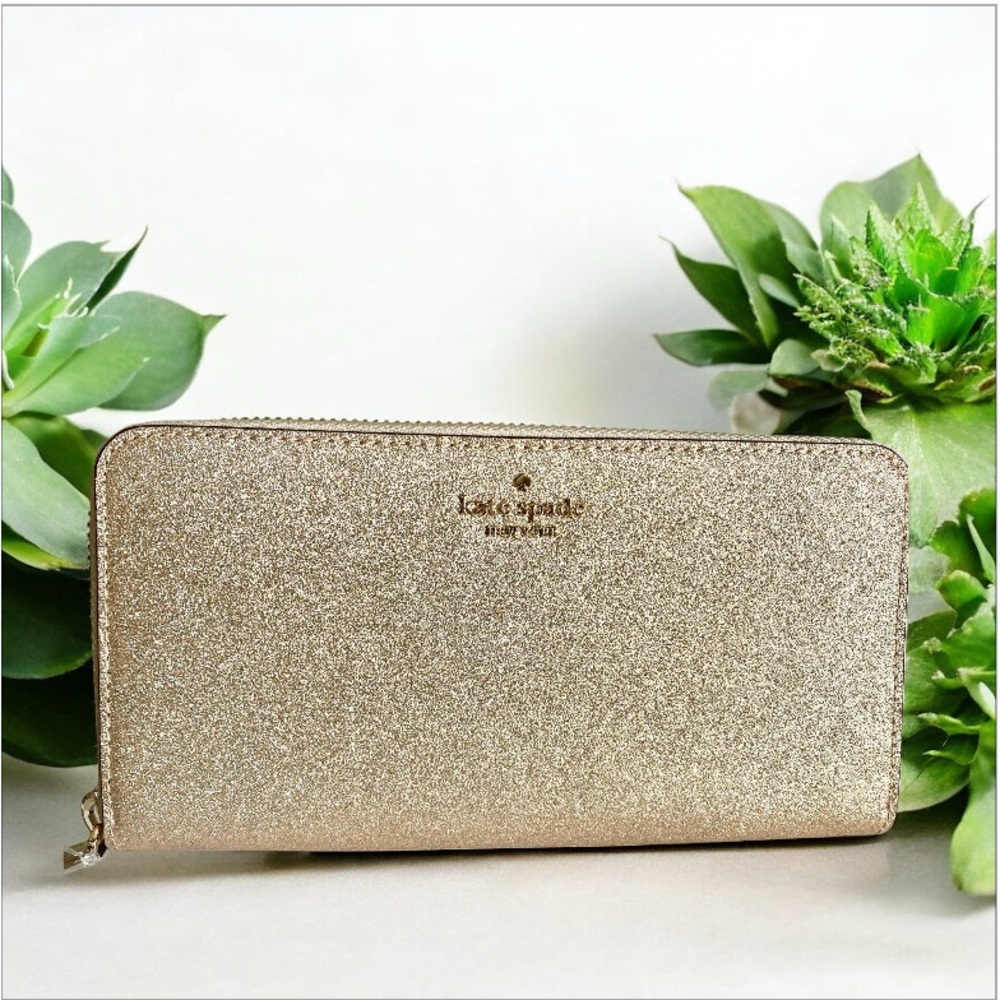 Kate Spade Gold glitter ling Continental zip around wallet with gold hardware
